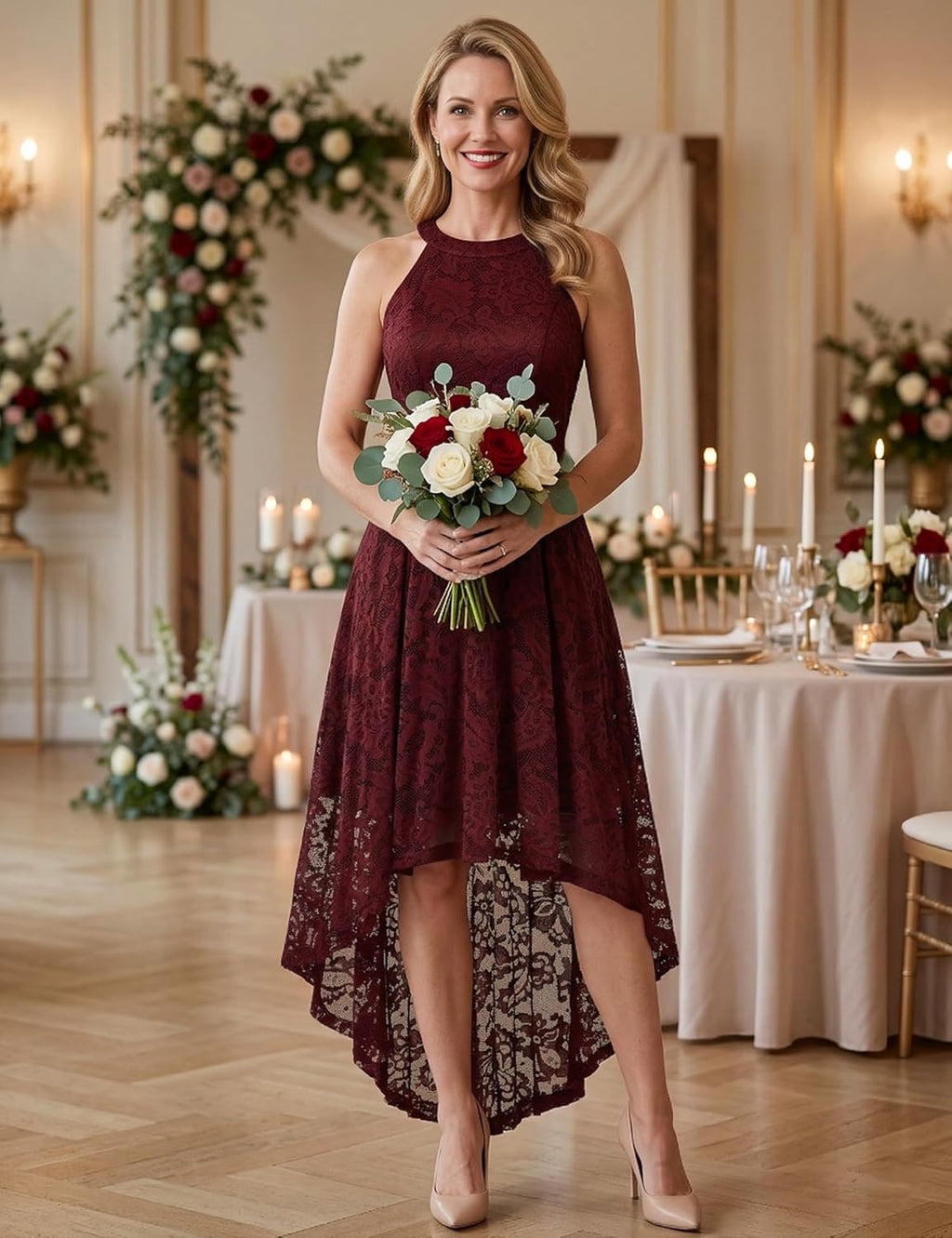 Women'S Halter Floral Lace Cocktail Party Dress Hi-Lo Bridesmaid Dress