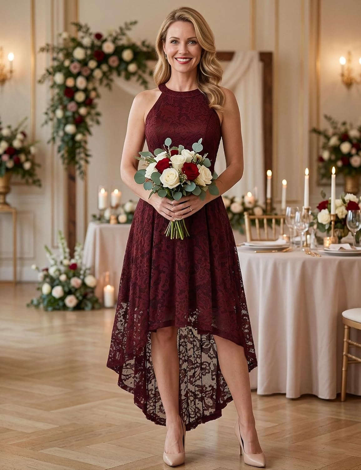 Women'S Halter Floral Lace Cocktail Party Dress Hi-Lo Bridesmaid Dress
